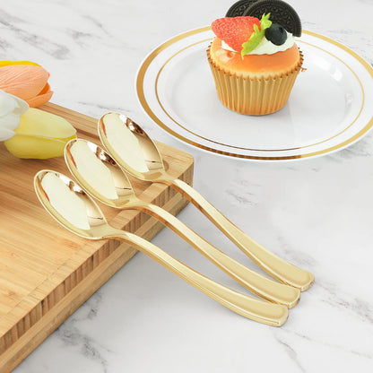 Goodluck 6.9 Inch Disposable Heavy Duty Gold Plastic Spoons for Catering, Parties, Dinners, Weddings