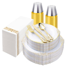 Goodluck 350PCS Disposable White with Gold Rim Plastic Dinnerware Set for 50 Guests
