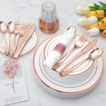 Goodluck Disposable Rose Gold Plastic Dinnerware Set with Pre-Rolled Napkins