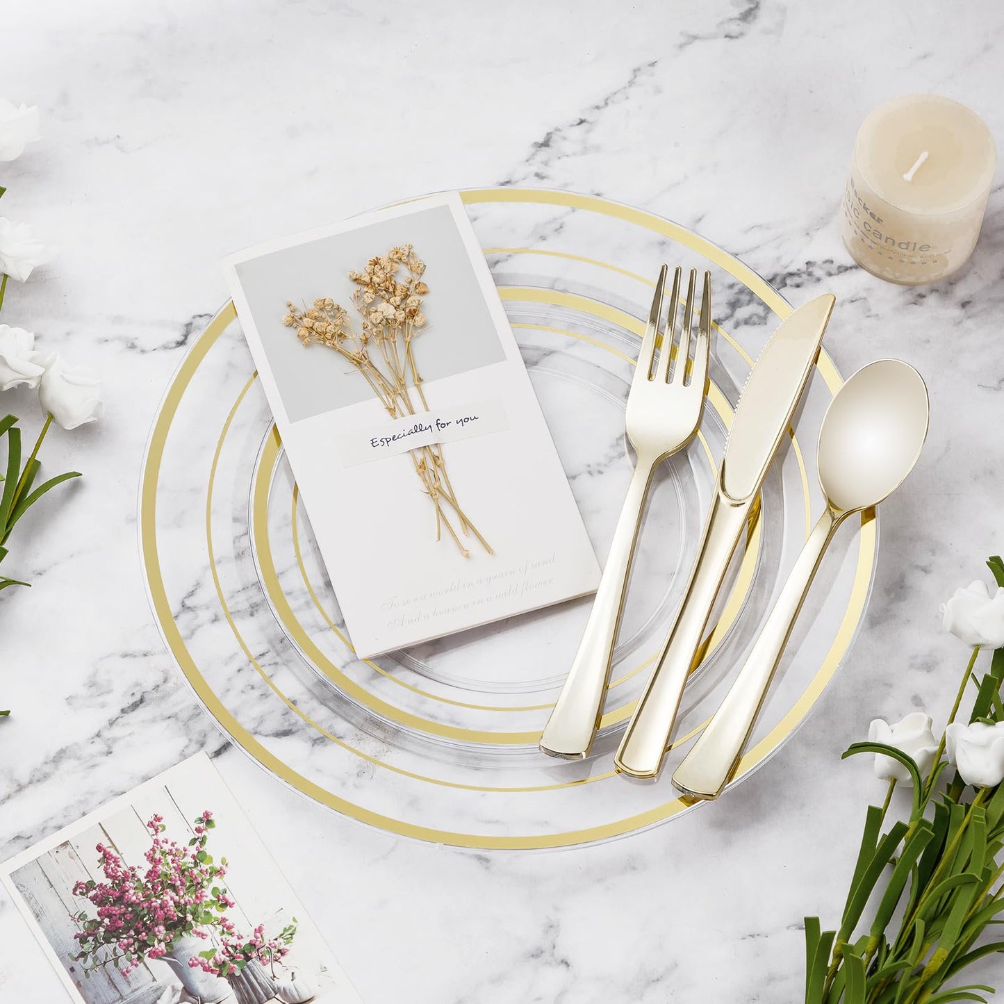 Goodluck 600-Piece Disposable Clear Gold Plastic Dinnerware Set for 100 Guests