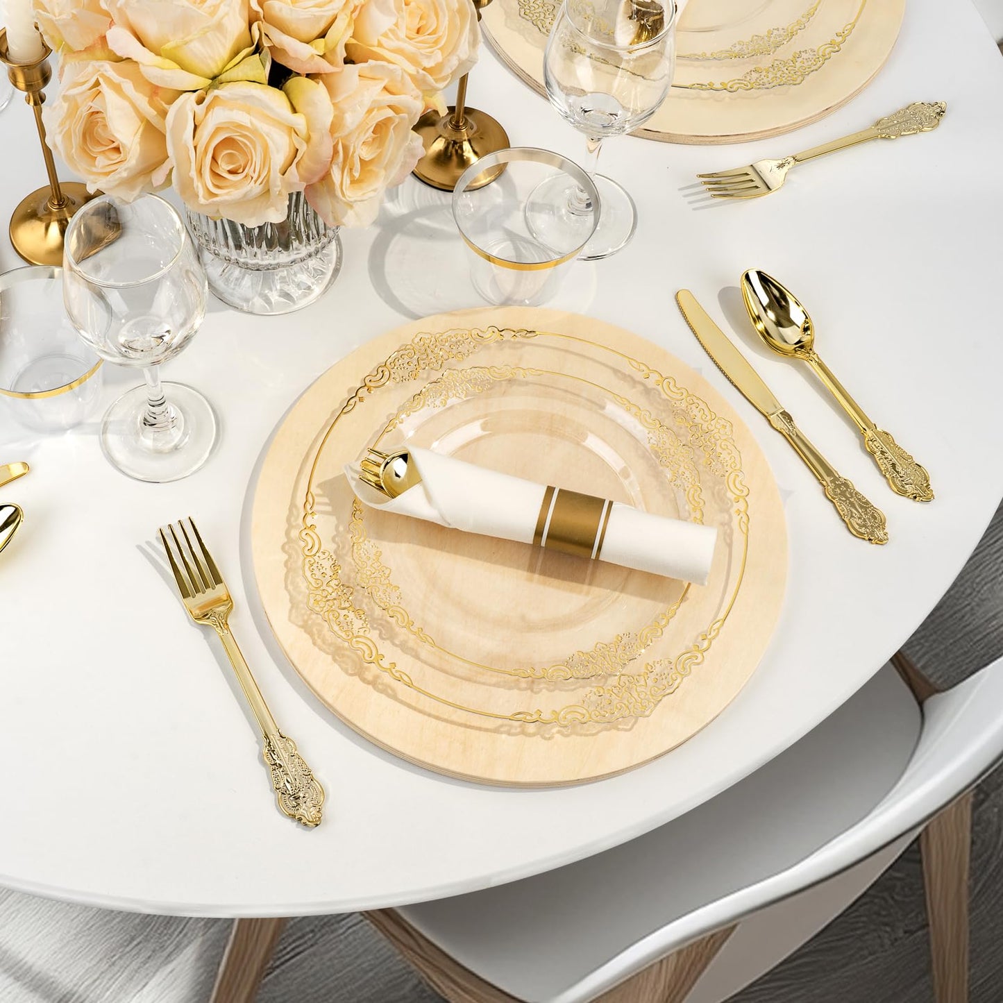 Goodluck 350PCS Disposable Clear with Gold Rim Plastic Dinnerware Sets for 50 Guests