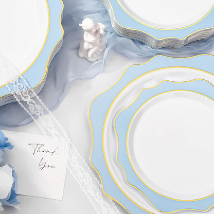 Goodluck 100- Piece Disposable Scalloped White with Blue Rim Plates for 50 Guests