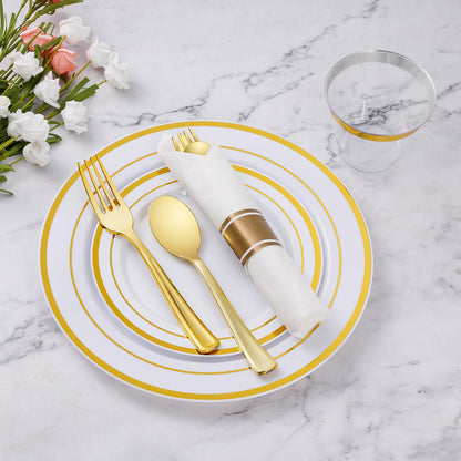 Goodluck Disposable White with Double Gold Rim Pre-Rolled Napkins Plastic Dinnerware Set