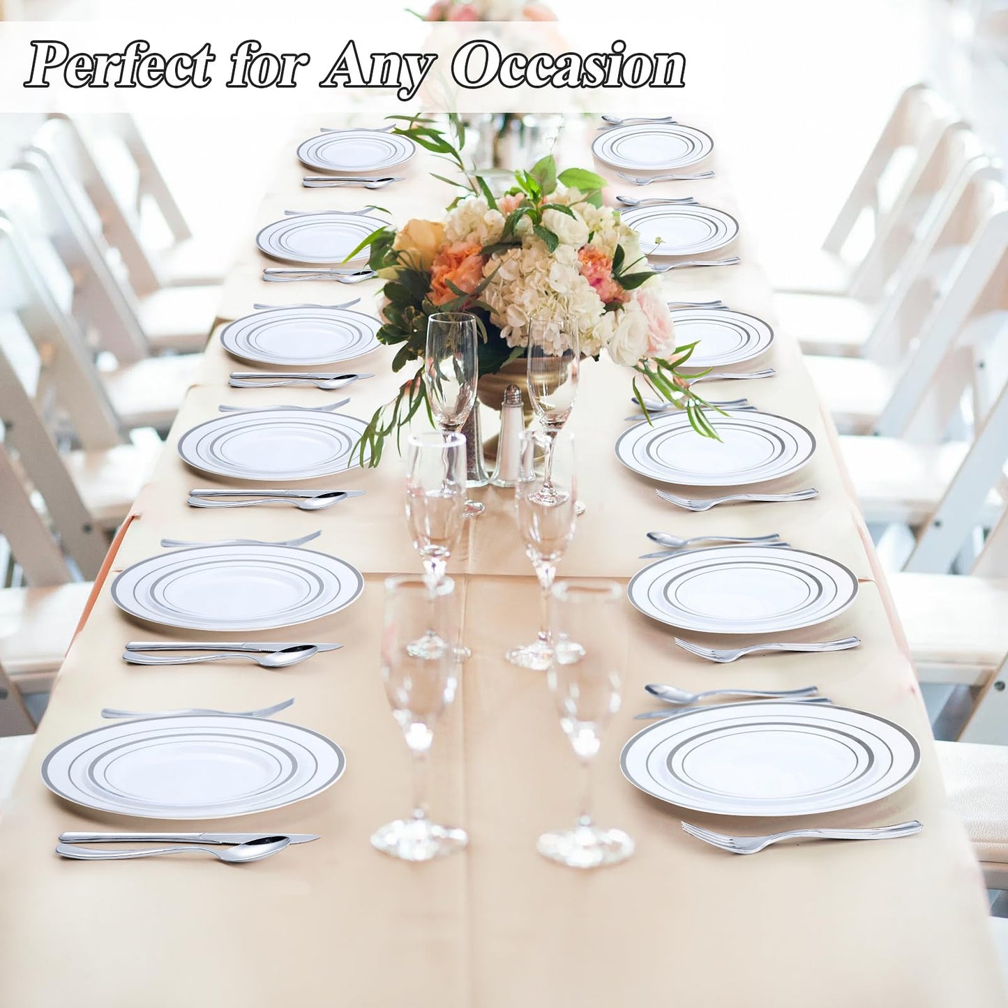 Goodluck 200-Piece White with Double Silver Rims Plastic Plates Set for Parties