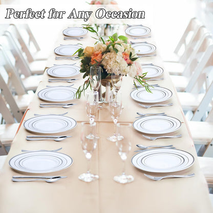 Goodluck 200-Piece White with Double Silver Rims Plastic Plates Set for Parties