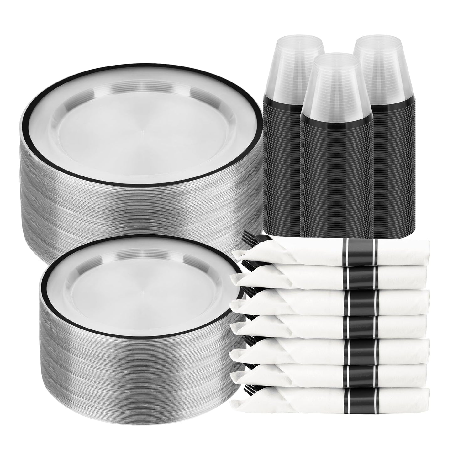 Goodluck 350-Piece Disposable Clear with Black Rim Plastic Dinnerware Set for 50 Guests
