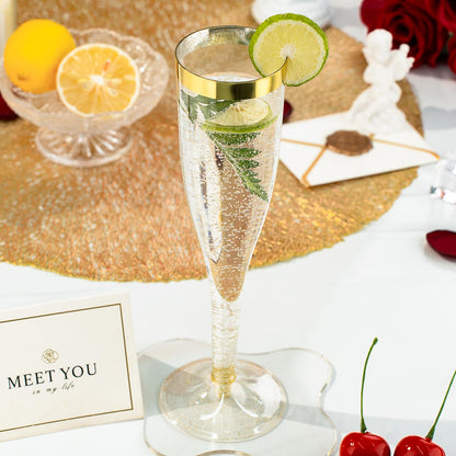 Goodluck 6.5 oz Disposable Plastic Gold Glitter Champagne Flutes with Gold Rim for Wedding, Engagement, Party, Mimosa Bar