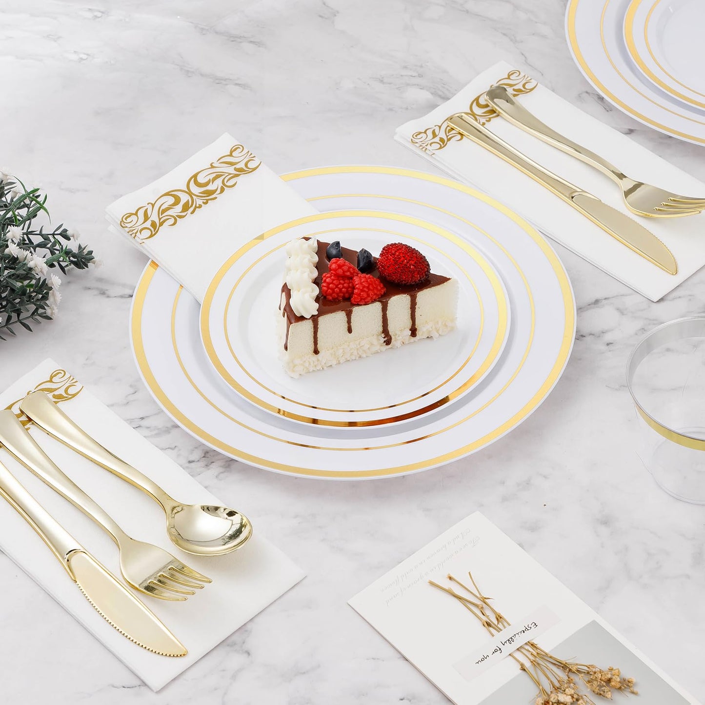 Goodluck Disposable White with Double Gold Rim Plastic Dinnerware Set