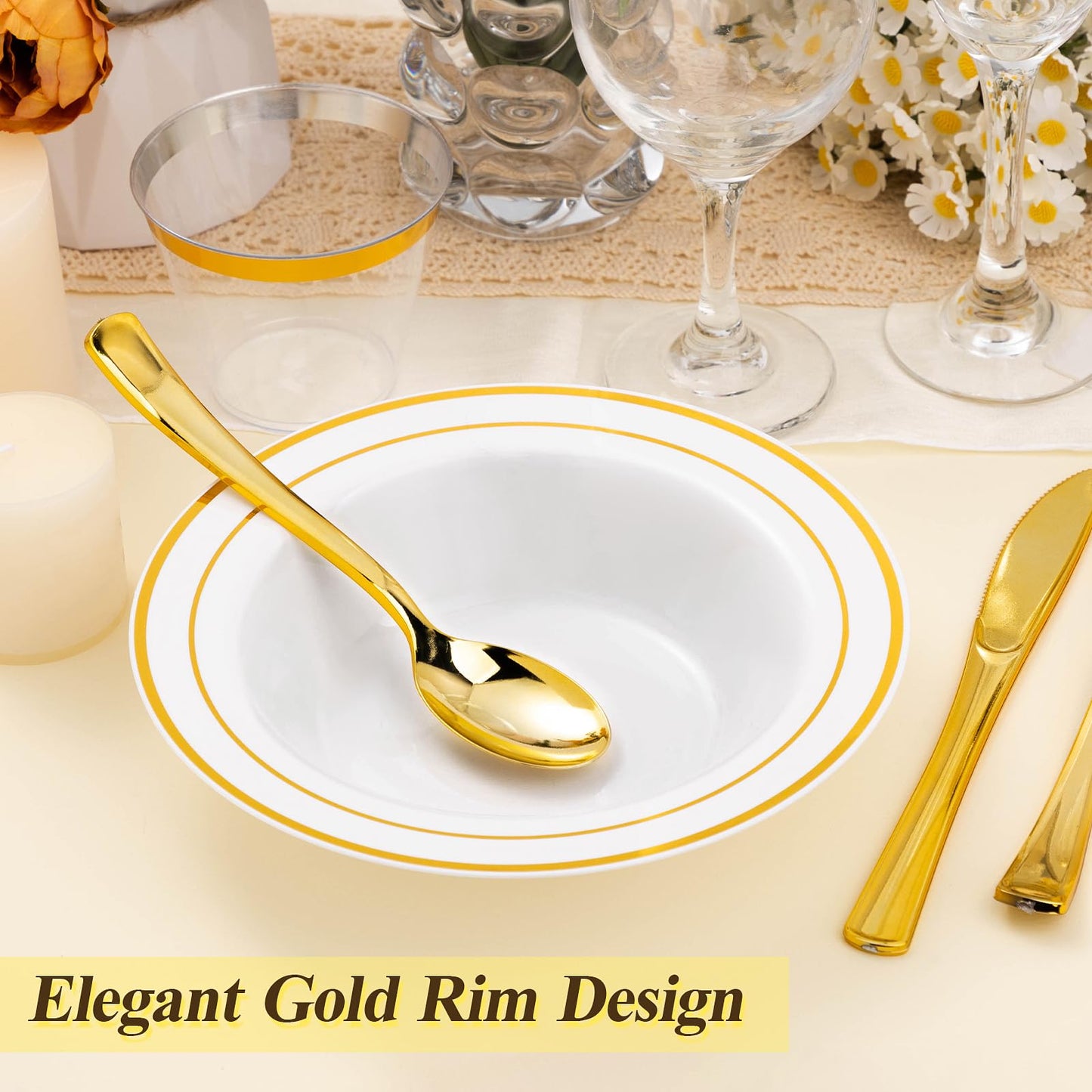 Goodluck 12-Ounce Disposable Soup Bowls with Gold Rims for Parties