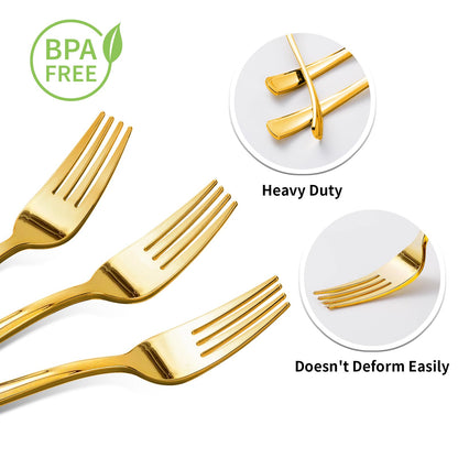 Goodluck 50 Pack Disposable Heavy Duty Gold Plastic Forks