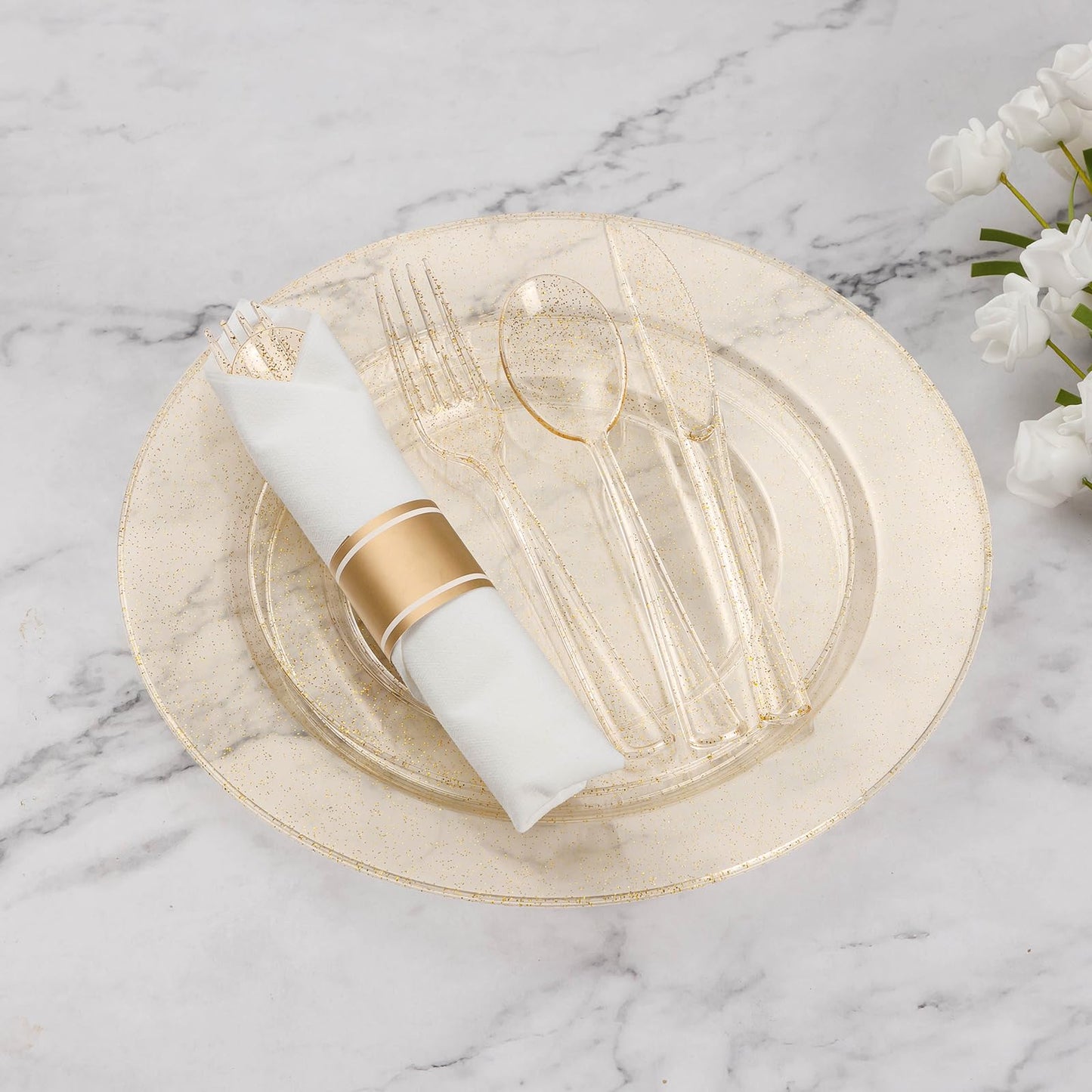 Goodluck 350 Piece Gold Glitter Plastic Dinnerware Set for 50 Guests