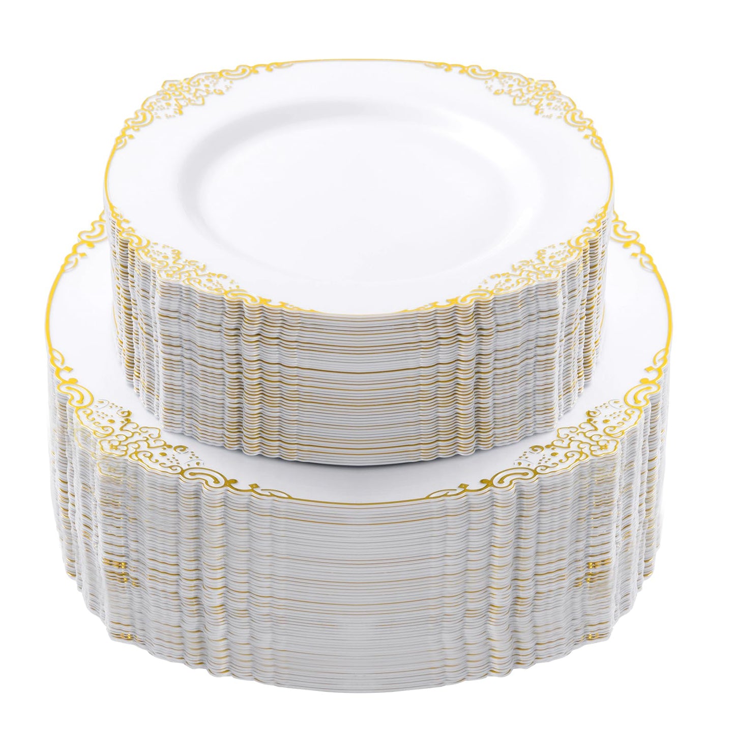 Goodluck Disposable White and Gold Plastic Plates for Party, Wedding and Graduation