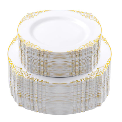Goodluck Disposable White and Gold Plastic Plates for Party, Wedding and Graduation