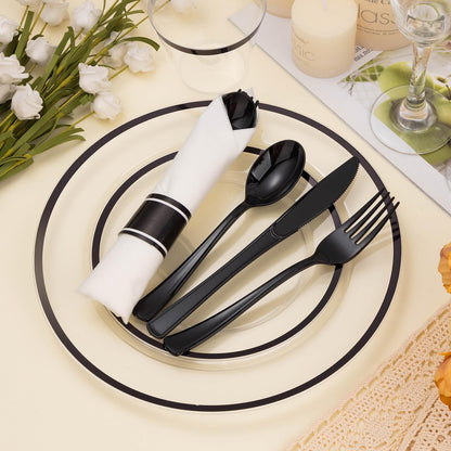 Goodluck 350-Piece Disposable Clear with Black Rim Plastic Dinnerware Set for 50 Guests