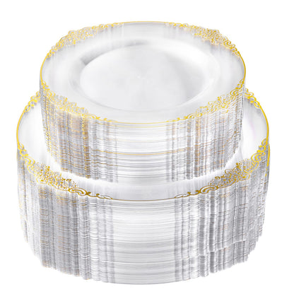 Goodluck 200 PCS Disposable Clear with Gold Rim Plastic Plates for 100 Guests