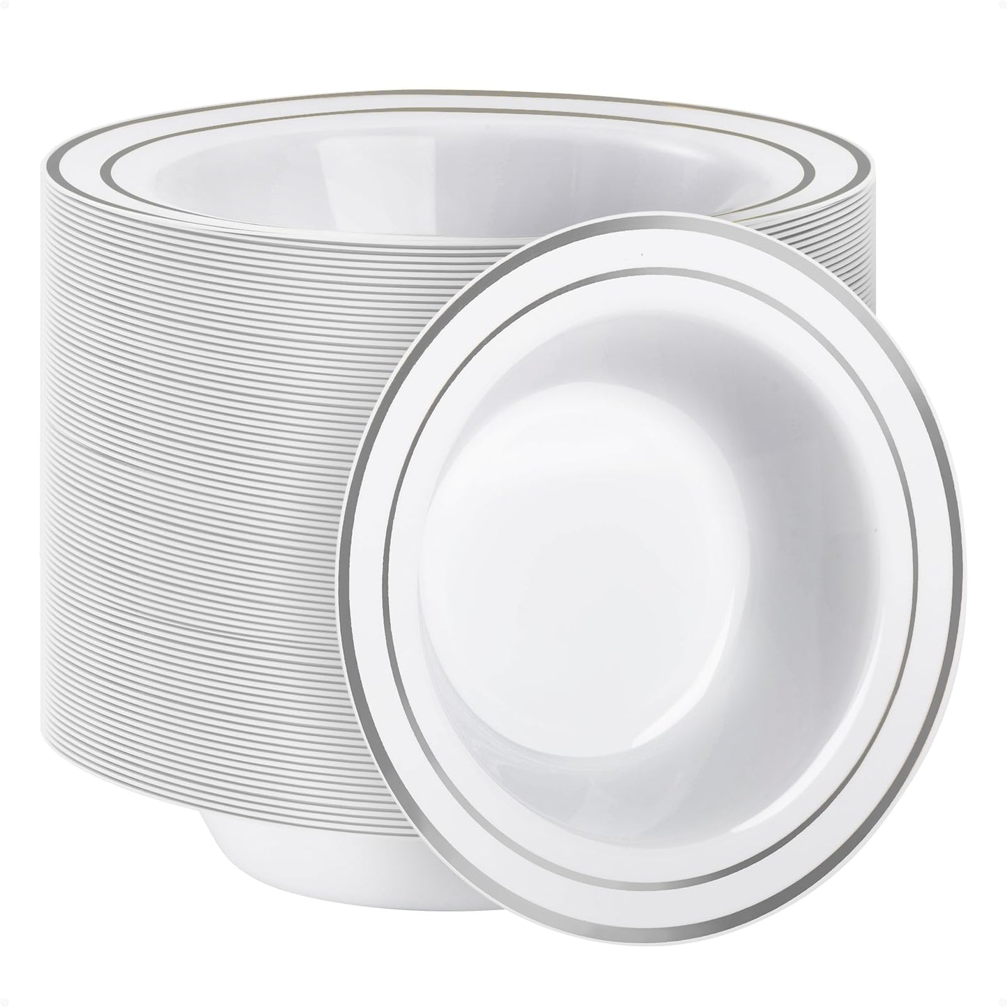 Goodluck 100 Pack 12oz Disposable White with Double Silver Rim Plastic Bowls