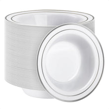 Goodluck 100 Pack 12oz Disposable White with Double Silver Rim Plastic Bowls