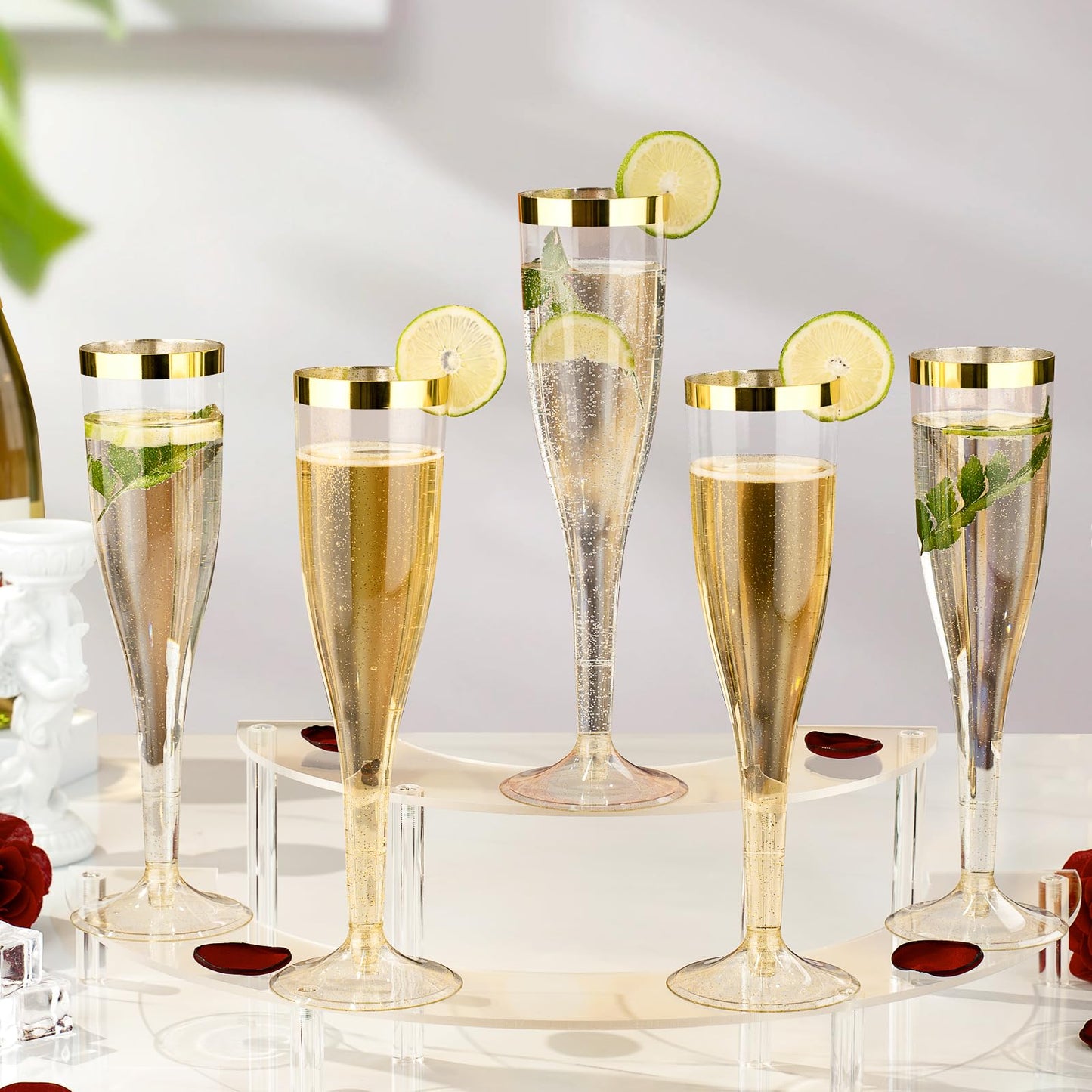 Goodluck 6.5 oz Disposable Plastic Gold Glitter Champagne Flutes with Gold Rim for Wedding, Engagement, Party, Mimosa Bar