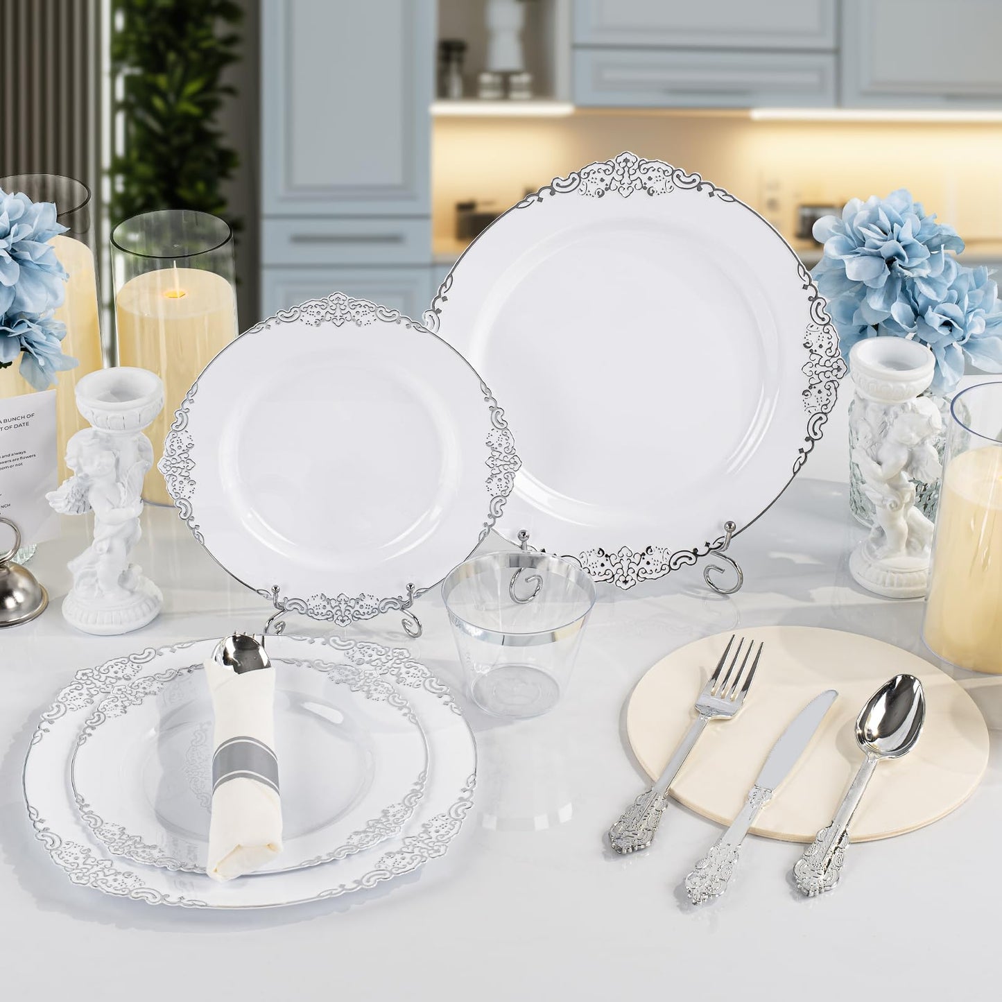 Goodluck 350PCS Disposable Silver Plastic Dinnerware Sets for 50 Guests