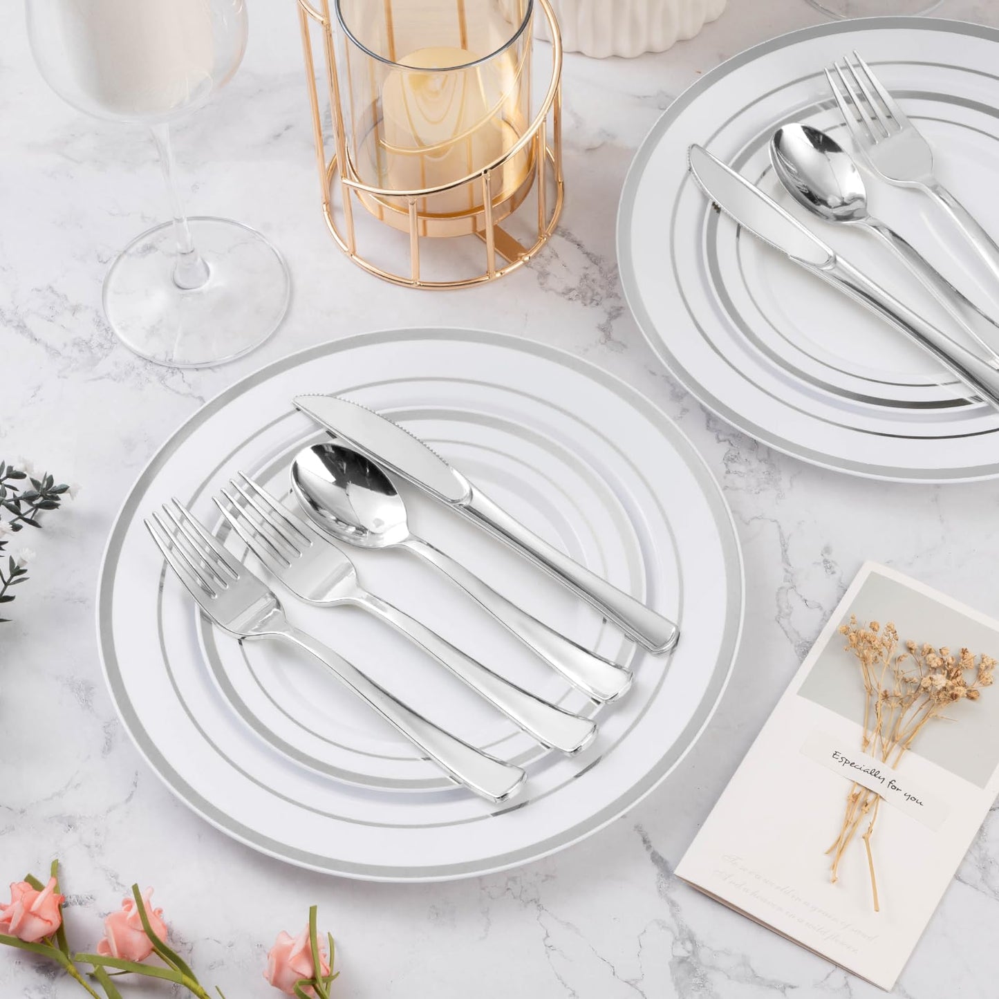 Goodluck 600-Piece Disposable Silver Plastic Dinnerware Set for 100 Guests