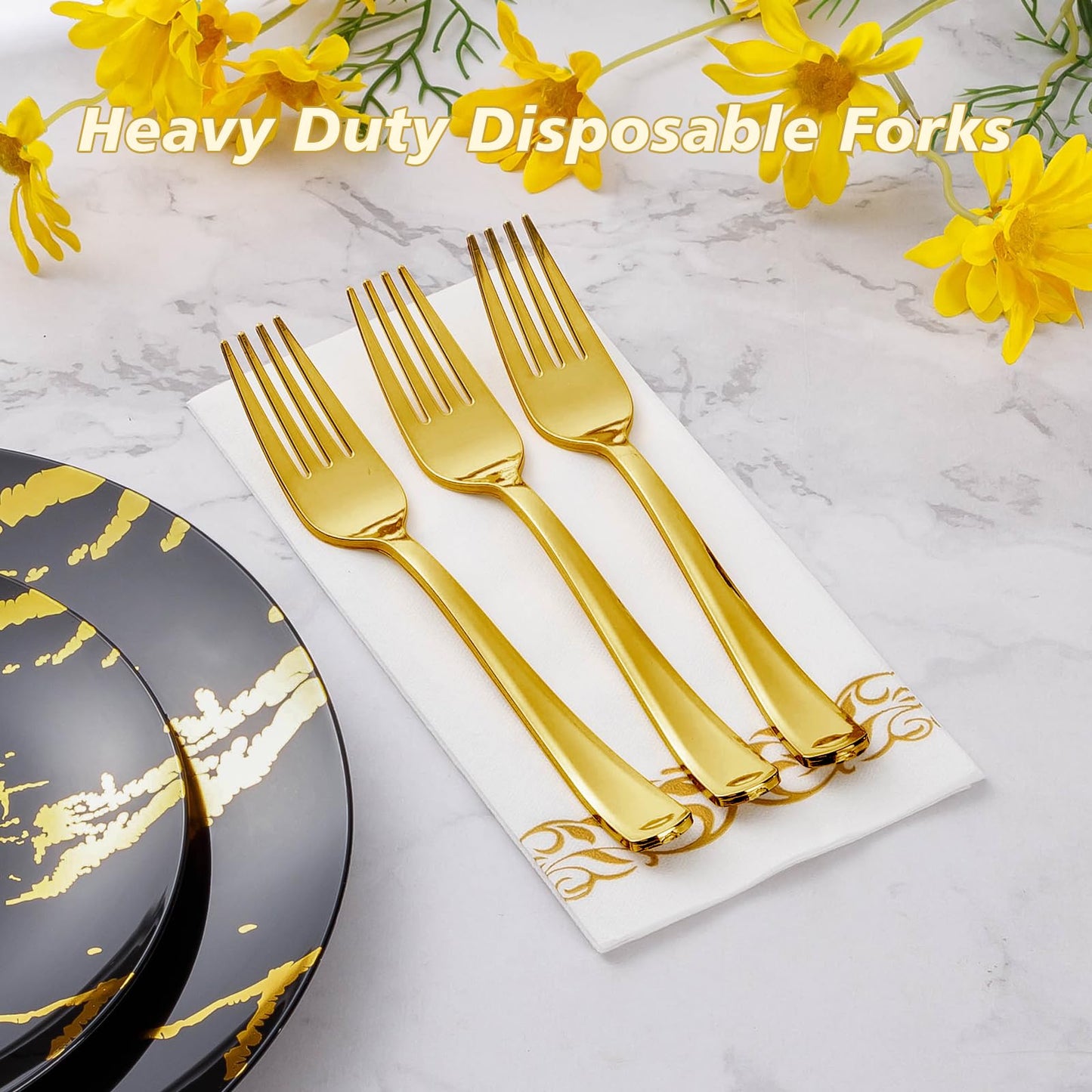 Goodluck 50 Pack Disposable Heavy Duty Gold Plastic Forks