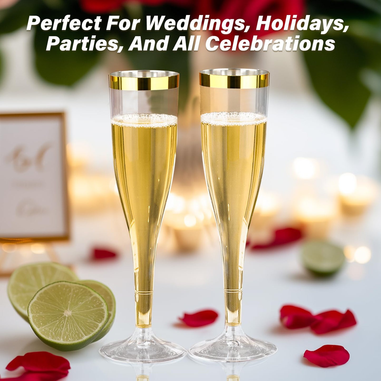 Goodluck 36 Pack 6.5 oz Disposable Plastic Clear Champagne Flutes with Gold Rim Wedding, Engagement, Party, Mimosa Bar