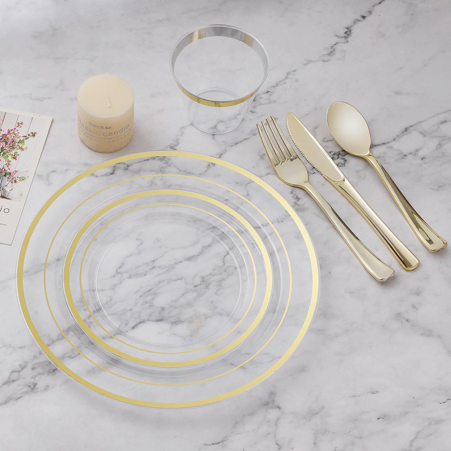 Goodluck 600PCS Clear Gold Dinnerware Set for 100 Guests