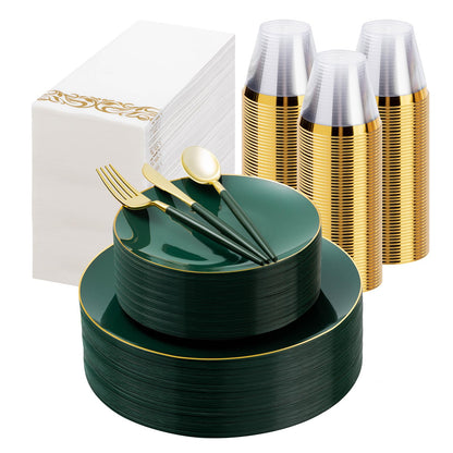 Goodluck Disposable Green and Gold Plastic Dinnerware Set