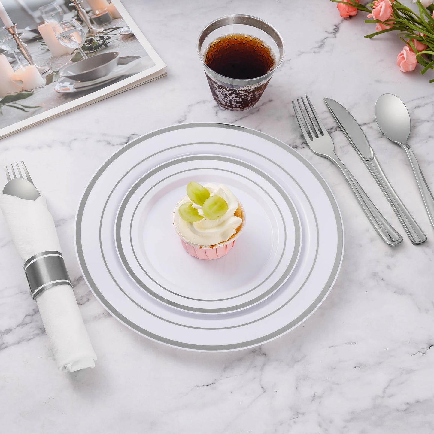 Goodluck White with Double Silver Rim Pre-Rolled Napkins Plastic Dinnerware Set