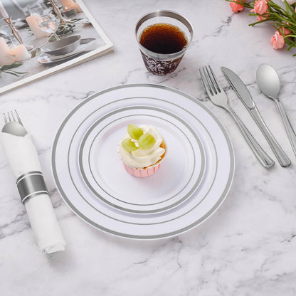 Goodluck White with Double Silver Rim Pre-Rolled Napkins Plastic Dinnerware Set