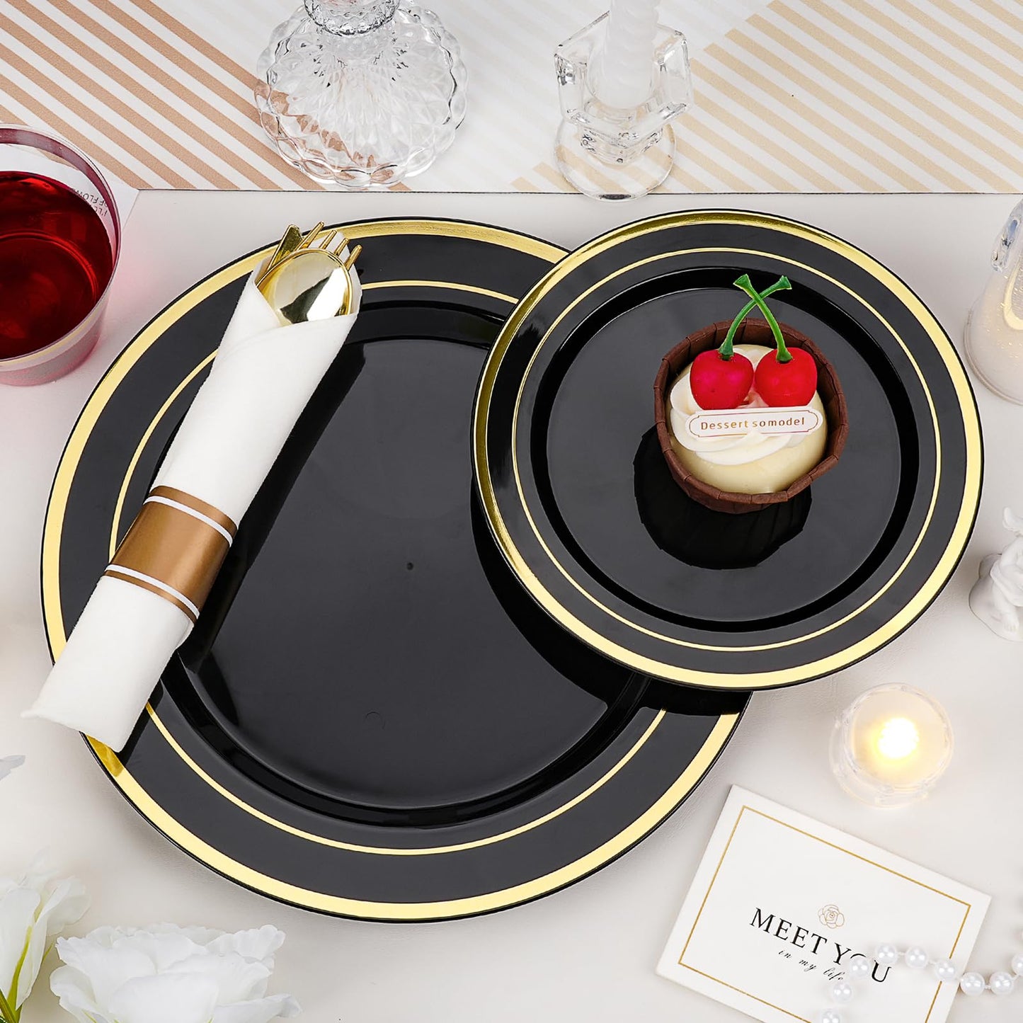 Goodluck 350-Piece Disposable Black Plastic Dinnerware Set for 50 Guests