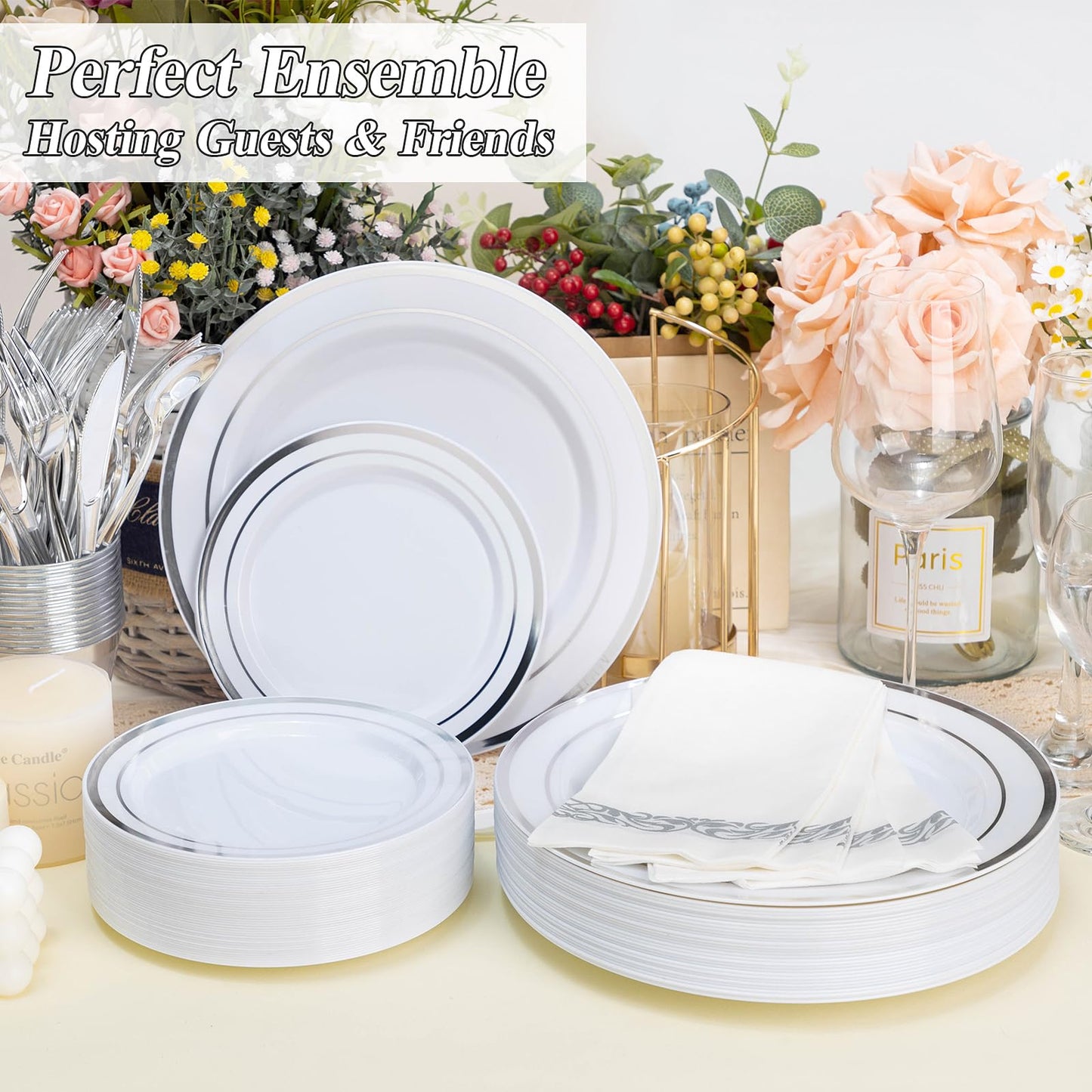 Goodluck 200-Piece White with Double Silver Rims Plastic Plates Set for Parties