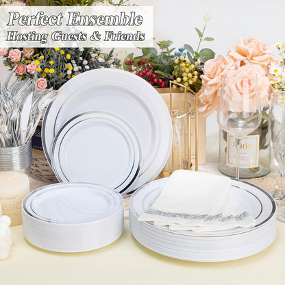 Goodluck 200-Piece White with Double Silver Rims Plastic Plates Set for Parties