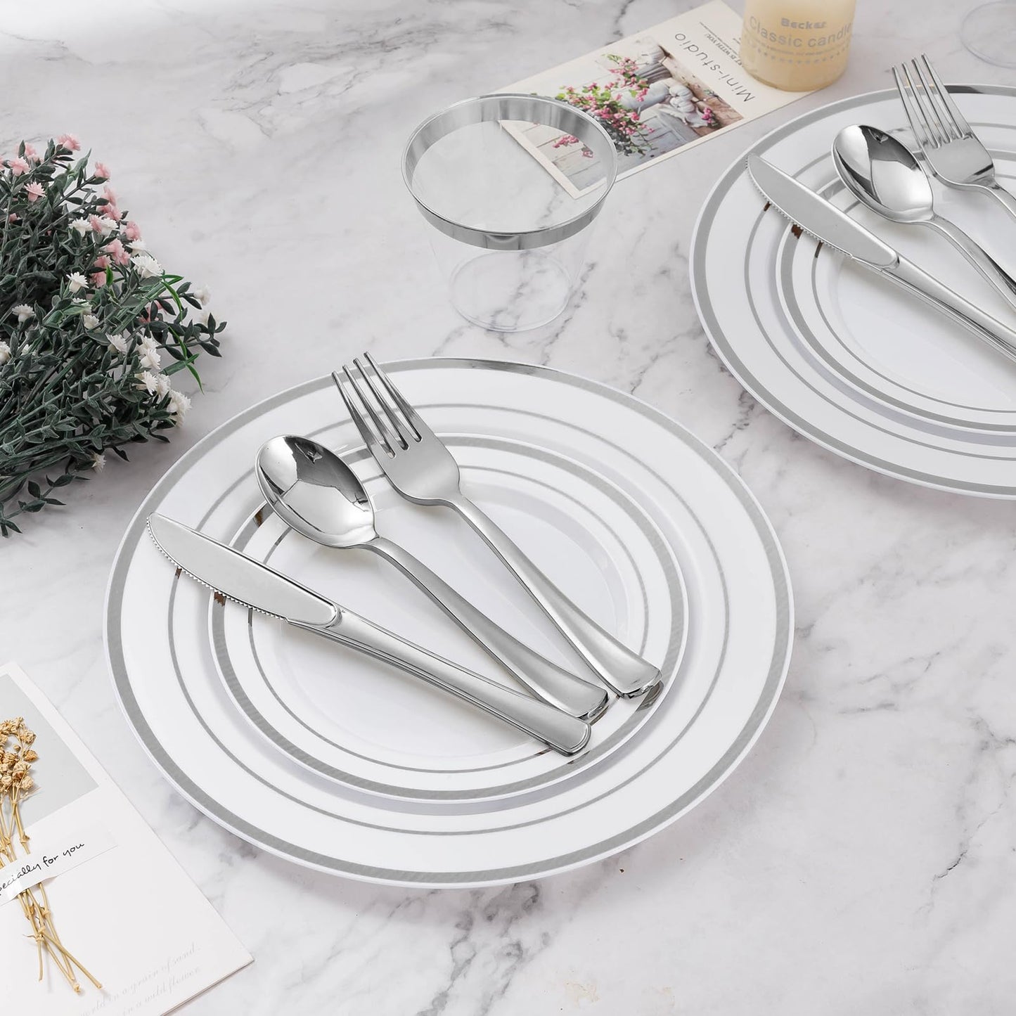 Goodluck 600-Piece Disposable Double Silver Rim Plastic Dinnerware Set for 100 Guests