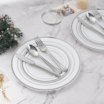 Goodluck 600-Piece Disposable Double Silver Rim Plastic Dinnerware Set for 100 Guests