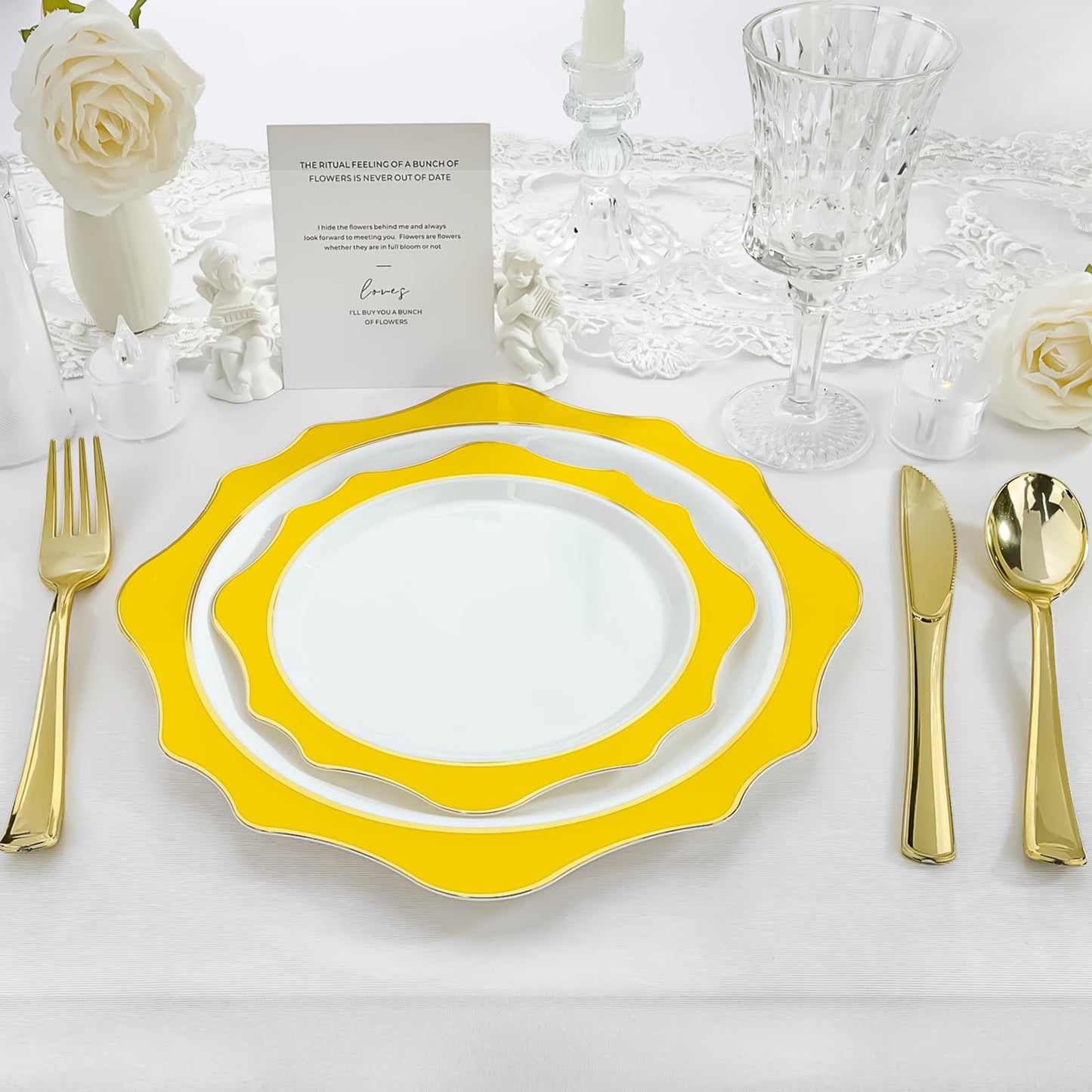 Goodluck 100 PCS White with Yellow Rim Disposable Scalloped Plastic Plates for Party, Wedding, and Graduation