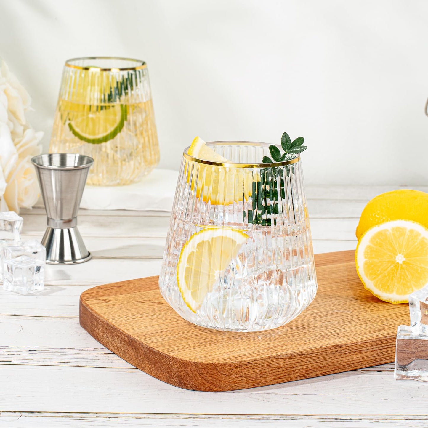 Goodluck 36 Pcs 12 oz Plastic Clear with Gold Rim Ribbed Wine Glasses for Champagne and Whiskey