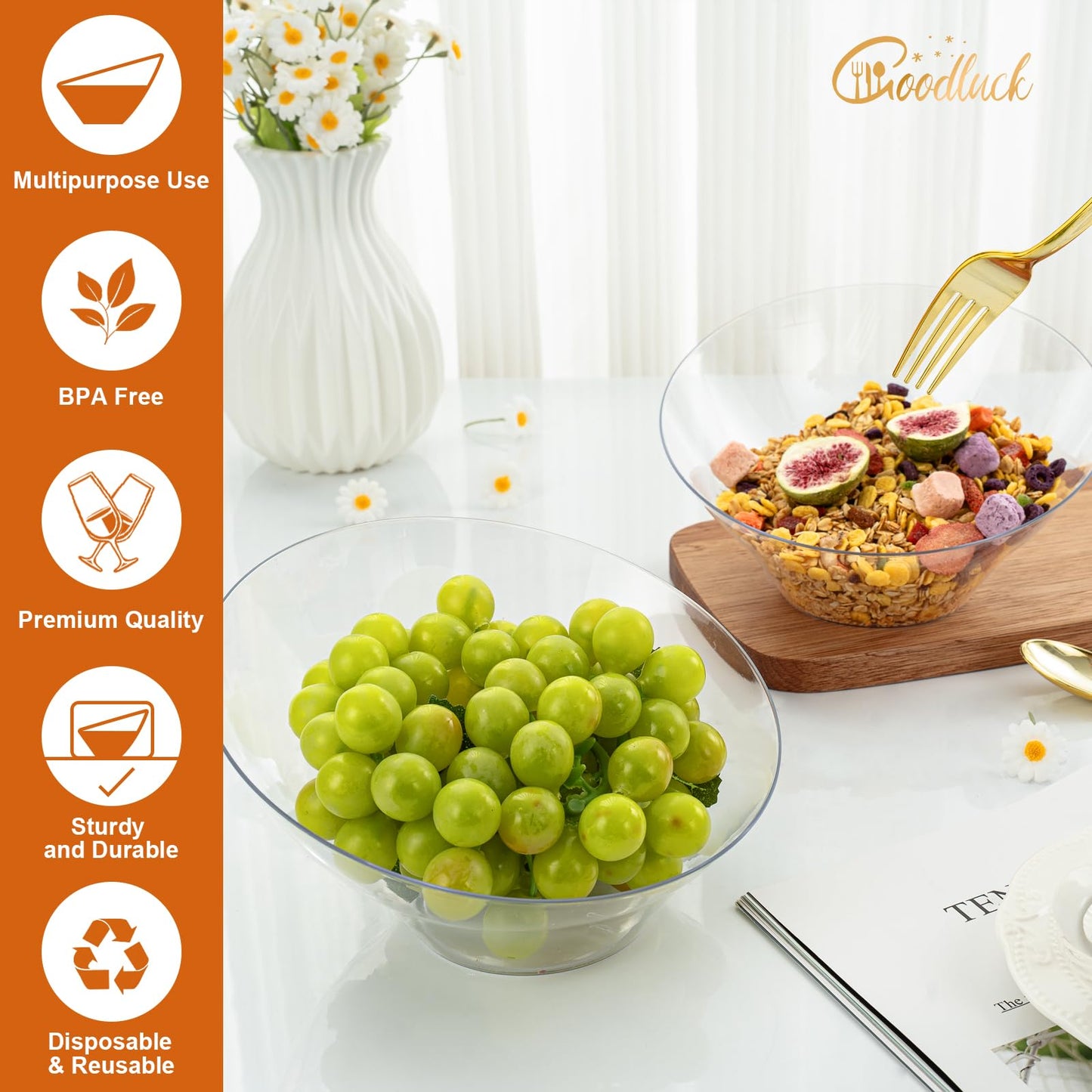 Goodluck Disposable 20 OZ Angled Clear Plastic Serving Bowls for Salad & Fruit