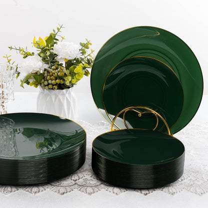 Goodluck Green with Gold Rim Disposable Plastic Plates for Party, Wedding