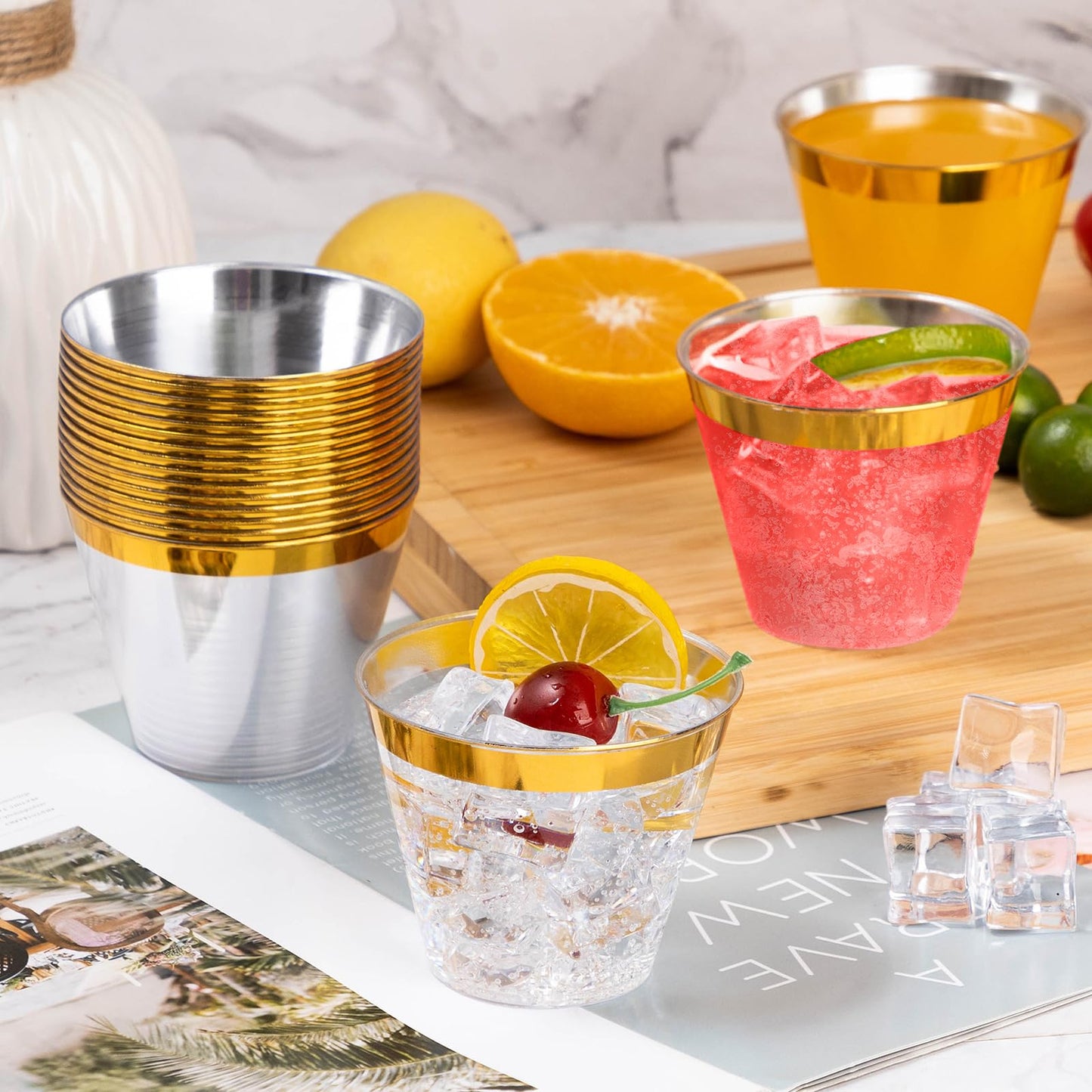 Goodluck 9oz Disposable Gold Rim Plastic Cups for Wedding, Thanksgiving, Christmas, and Parties