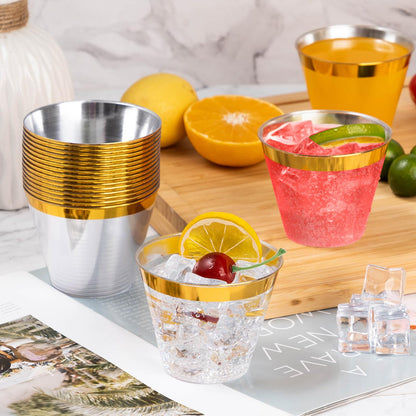 Goodluck 9oz Disposable Gold Rim Plastic Cups for Wedding, Thanksgiving, Christmas, and Parties