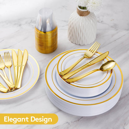 Goodluck White with Double Gold Rim Disposable Plates