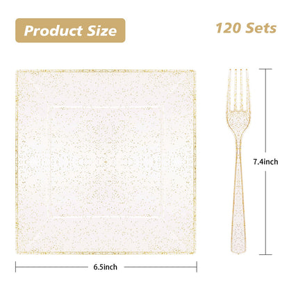 Goodluck 240PCS Square Gold Glitter Dessert Plates with Forks for 120 Guests