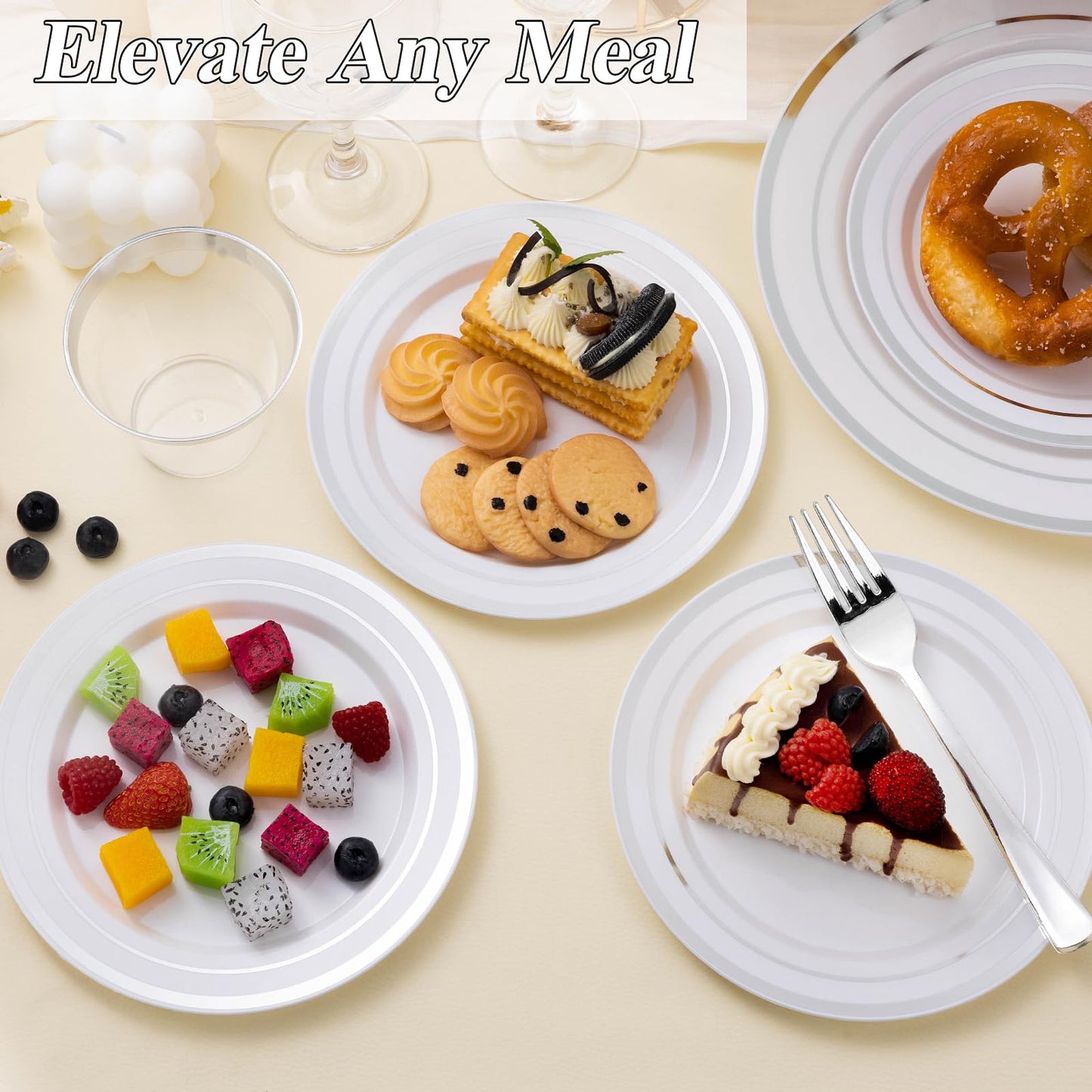 Goodluck 200-Piece White with Double Silver Rims Plastic Plates Set for Parties
