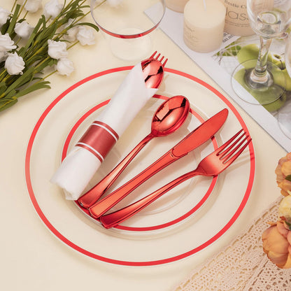 Goodluck Disposable Clear with Red Rim Plastic Dinnerware Set