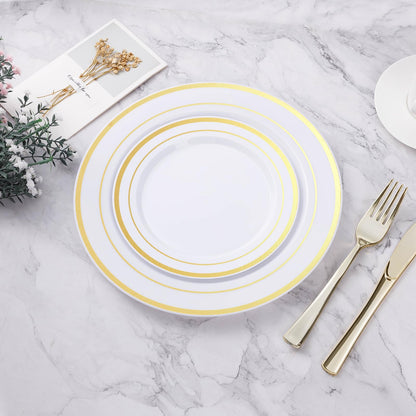 Goodluck 100-Piece Disposable 7 Inch White with Double Gold Rim Plastic Plate