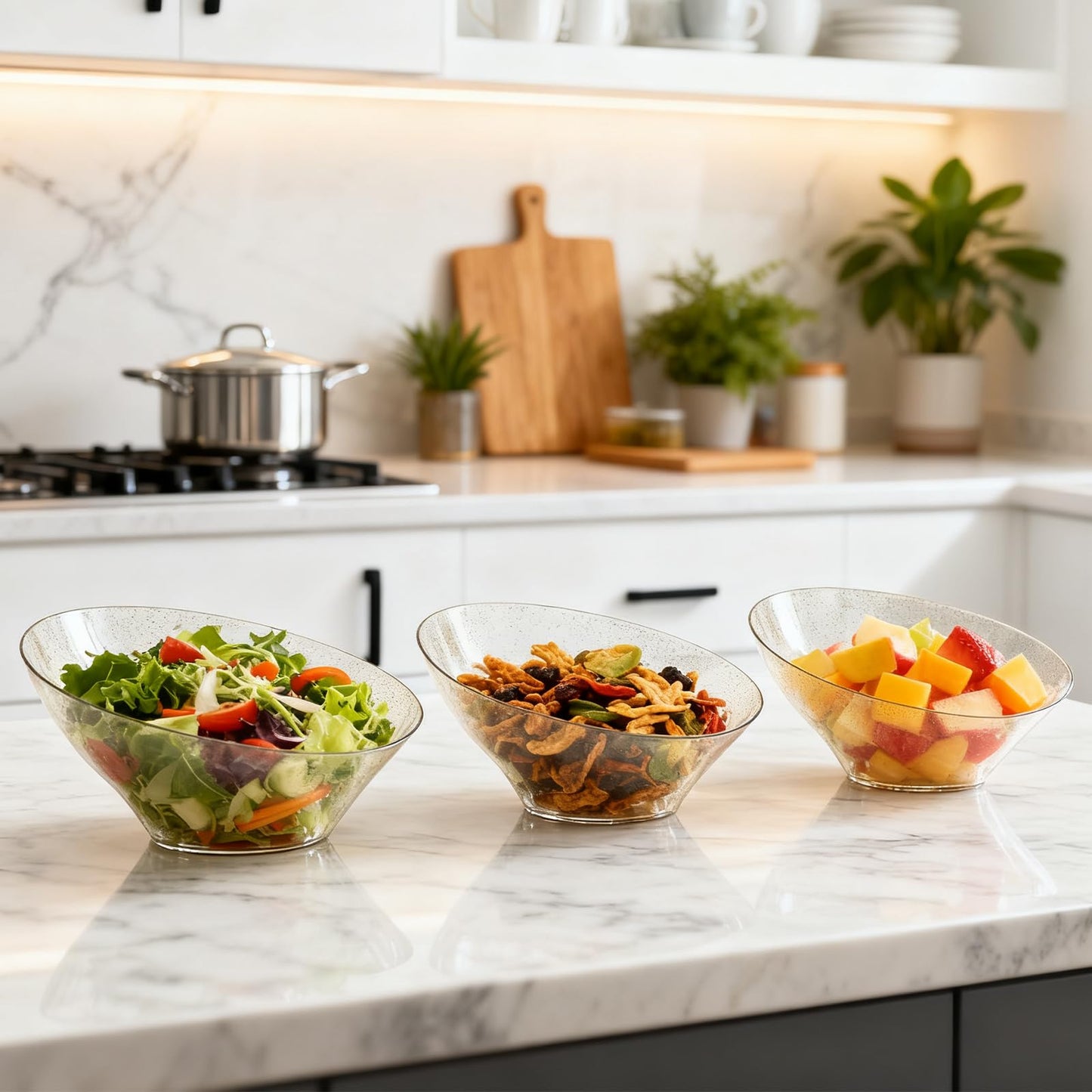 Disposable 20 OZ Angled Plastic Serving Bowls for Salad & Fruit