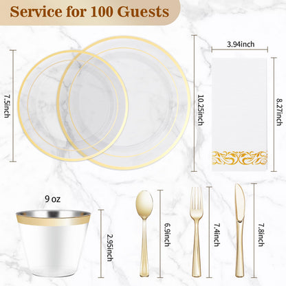 Goodluck 700-Piece Clear Gold Disposable Dinnerware Set for 100 Guests