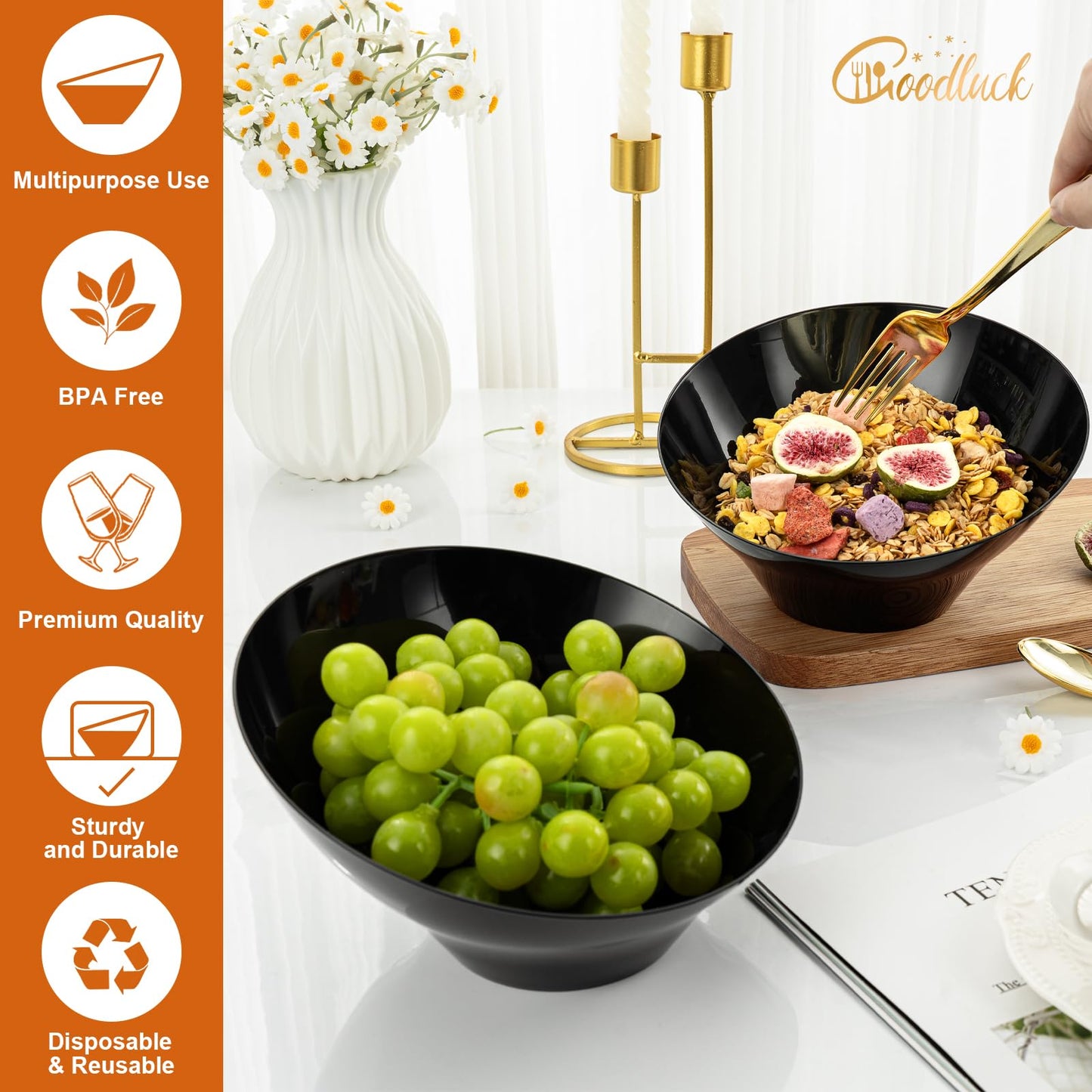 Goodluck 12 Pack Disposable 20 OZ Angled Black Plastic Serving Bowls for Salad & Fruit