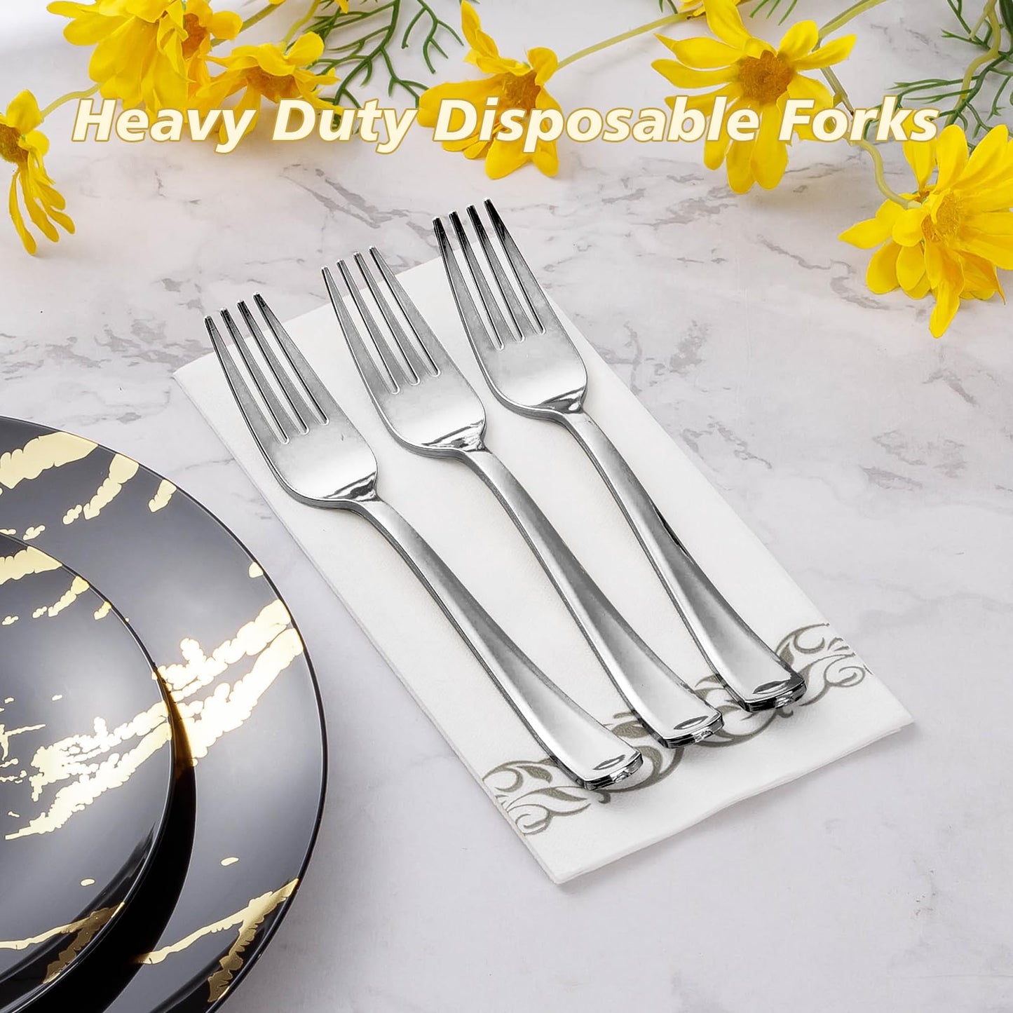 Goodluck Disposable Heavy Duty Silver Plastic Forks for Weddings, Parties, Dinners